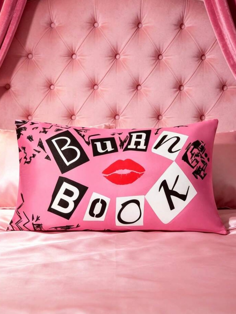Macy's Pink "Burn Book" Decorative Pillow with Red Lip Graphic
